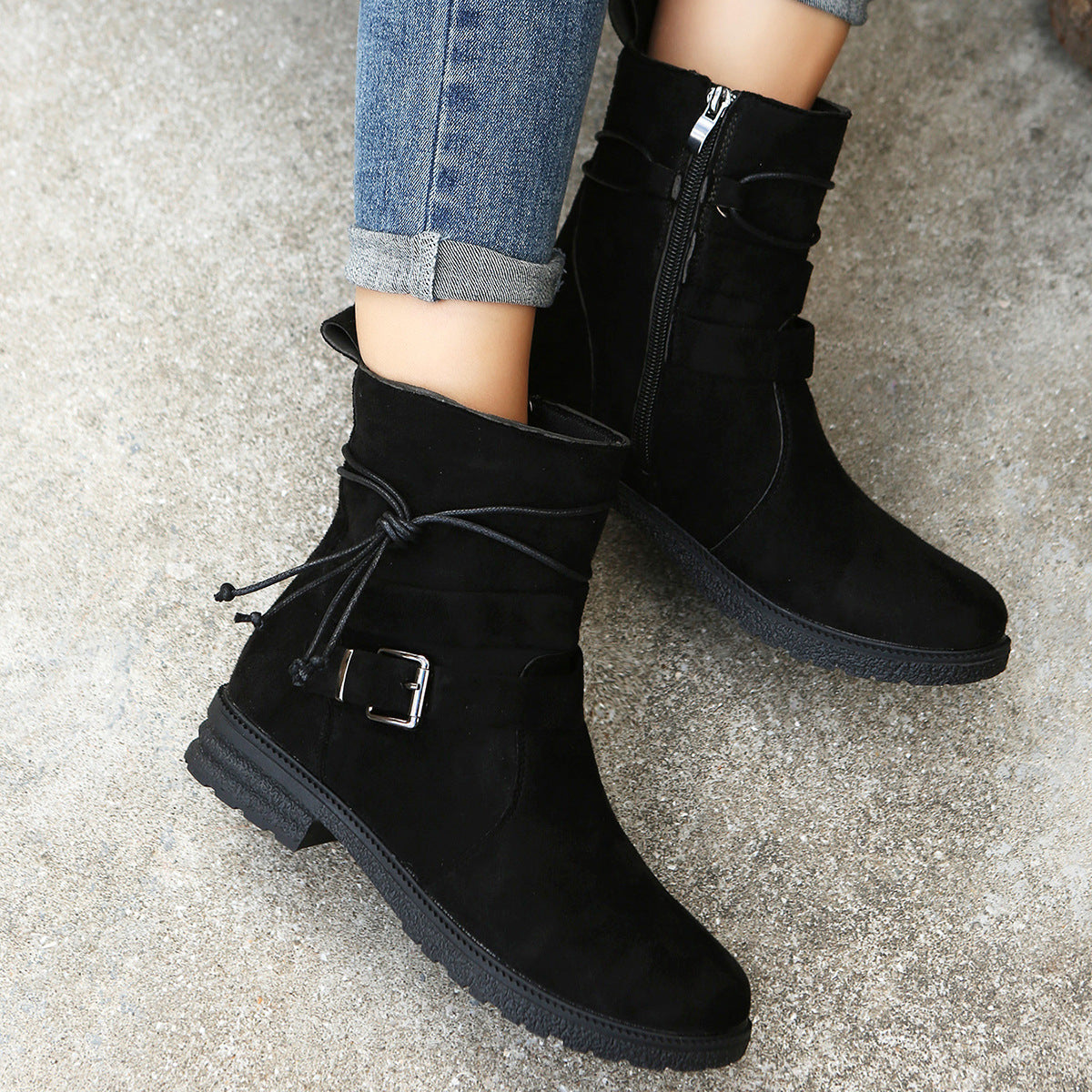 Suede Side Zip Round Toe Boots